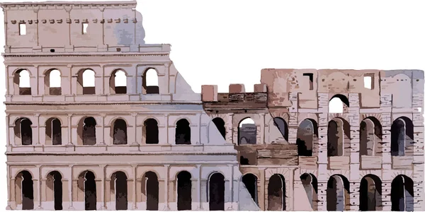 Akwarela Płaski Rysunek Włoskiego Zabytku Historycznego Pomnik Colosseum Rzym — Wektor stockowy