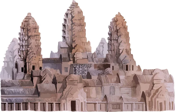 Aquarelle Dessin Plat Monument Historique Cambodgien Angkor Wat Krong Siem — Image vectorielle