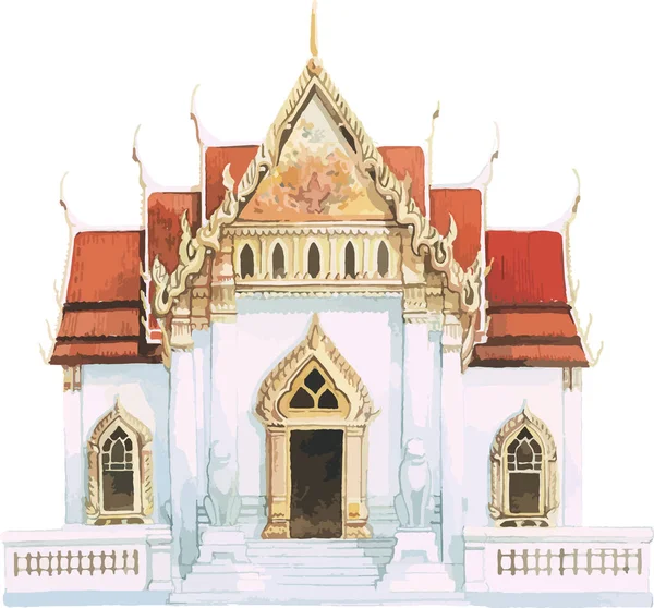 Aquarell Flache Zeichnung Des Thailändischen Historischen Wahrzeichens Des Wat Benchamabophit — Stockvektor