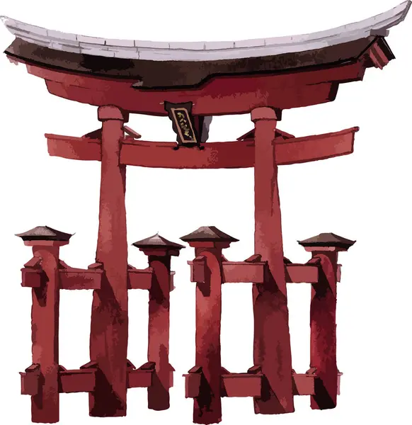Dibujo Plano Estilo Acuarela Del Monumento Histórico Japonés Del Shinto — Vector de stock