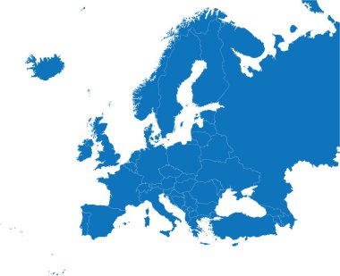 BLUE CMYK rengi, şeffaf arkaplan üzerinde EUROPE kıtasının (ülke sınırları ile birlikte) ayrıntılı düz şablon haritası