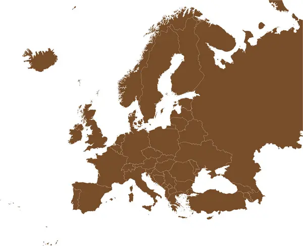Brown Cmyk Barva Detailní Plochá Šablona Mapa Kontinentu Europe Hranicemi — Stockový vektor