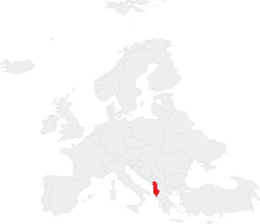Kırmızı CMYK ulusal ALBANIA haritası, Avrupa kıtasının gri boş siyasal haritası içinde Robinson projeksiyonu kullanılarak şeffaf arkaplan üzerinde