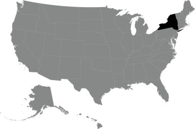 Siyah CMYK, Amerika Birleşik Devletleri 'nin şeffaf arkaplan üzerindeki gri, boş siyasi haritasının içindeki New York' un federal haritası.