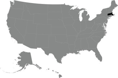 Amerika Birleşik Devletleri 'nin şeffaf arkaplan üzerindeki gri, boş siyasi haritasının içindeki MASSACHUSETTS' in Siyah CMYK federal haritası