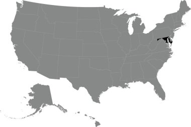 Siyah CMYK federal MARYLAND haritası Amerika Birleşik Devletleri 'nin şeffaf arkaplan üzerindeki gri, boş siyasi haritasının içinde
