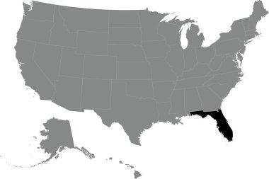 Siyah CMYK FLORIDA federal haritası. Amerika Birleşik Devletleri 'nin şeffaf arka plandaki gri, boş siyasi haritası.