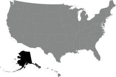 ALASKA 'nın siyah CMYK federal haritası Amerika Birleşik Devletleri' nin şeffaf arkaplan üzerindeki gri, boş siyasi haritasının içinde