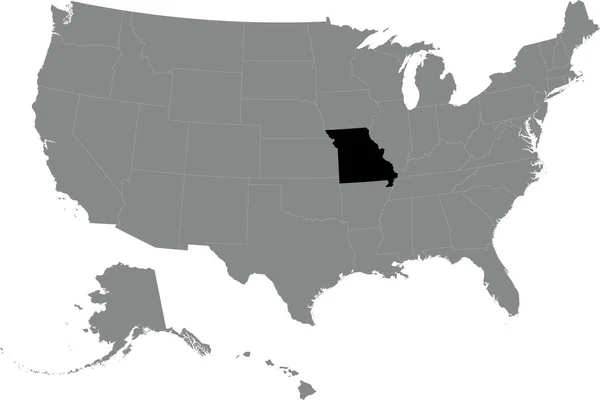 透明な背景でアメリカ合衆国の詳細な灰色の空白の政治地図の中のMissouriの黒Cmyk連邦地図 — ストックベクタ
