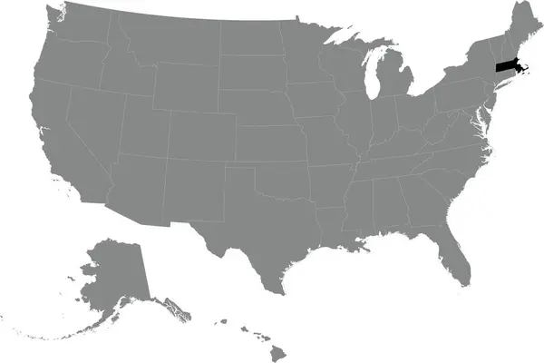 透明背景下美利坚合众国灰色详细空白政治地图内的Massachusetts黑色Cmyk联邦地图 — 图库矢量图片