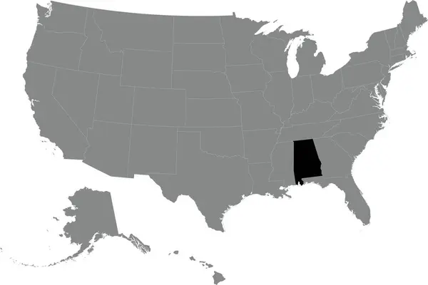 透明背景下美利坚合众国灰色详细空白政治地图内的Alabama黑色Cmyk联邦地图 — 图库矢量图片