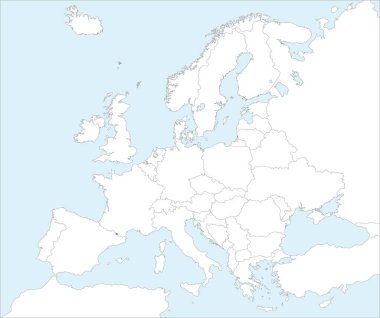 Mollweide projeksiyonu kullanılarak Avrupa kıtasının mavi arkaplan üzerinde detaylı beyaz siyasi haritası içindeki Gri CMYK ulusal ANDORRA haritası