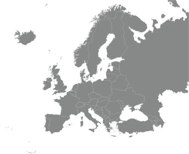 Siyah CMYK ulusal ANDORRA haritası Mercator projeksiyonu kullanılarak şeffaf arkaplan üzerinde Avrupa kıtasının ayrıntılı gri boş siyasi haritası içinde