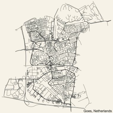 Hollanda 'nın GOES kentinin elle çizilmiş yol haritası, sağlam yol çizgileri ve klasik arka planda isim etiketi bulunan NETHERLANDS