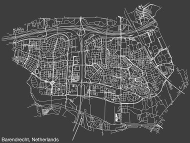 Hollanda 'nın BARENDRECHT, NETHERLANDS kentinin klasik arka plan üzerinde sağlam yol çizgileri ve isim etiketine sahip elle çizilmiş yol haritası