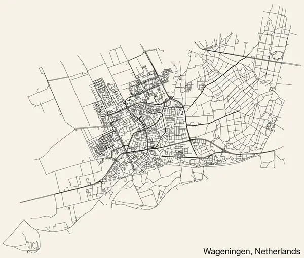 Hollanda 'nın WAGENINGEN, NETHERLANDS kentinin klasik arka plan üzerinde sağlam yol çizgileri ve isim etiketine sahip elle çizilmiş yol haritası