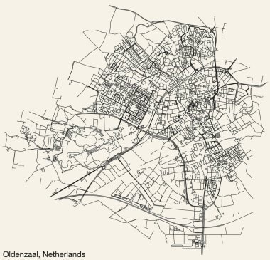 Hollanda 'nın OLDENZAAL, NETHERLANDS kentinin klasik arka plan üzerinde sağlam yol çizgileri ve isim etiketine sahip elle çizilmiş yol haritası