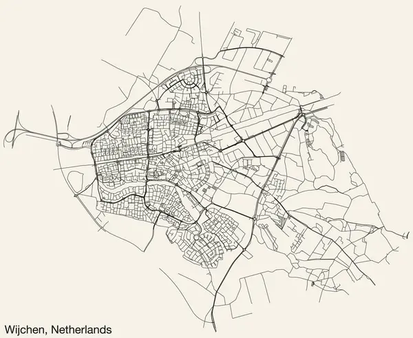 Hollanda 'nın WIJCHEN, NETHERLANDS kentinin klasik arka plan üzerinde sağlam yol çizgileri ve isim etiketine sahip elle çizilmiş yol haritası