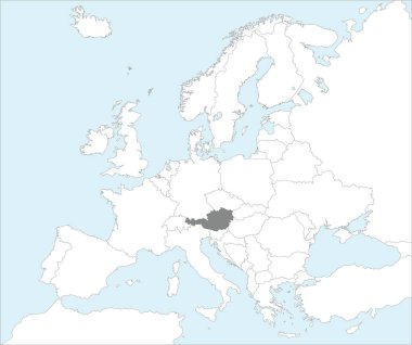 Gri CMYK ulusal AUSTRIA haritası Mollweide projeksiyonu kullanılarak mavi zemin üzerinde Avrupa kıtasının ayrıntılı beyaz siyasi haritası