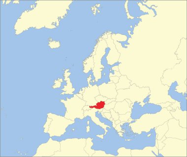 Kırmızı CMYK ulusal AUSTRIA haritası Mollweide projeksiyonu kullanılarak mavi zemin üzerinde Avrupa kıtasının ayrıntılı bej boş siyasi haritası