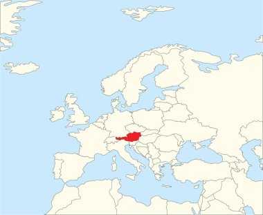 AUSTRIA 'nın kırmızı CMYK ulusal haritası, Winkel Üçlü projeksiyonu kullanılarak Avrupa kıtasının basitleştirilmiş bej boş siyasi haritası
