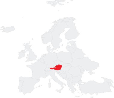 Kırmızı CMYK ulusal AUSTRIA haritası, Avrupa kıtasının gri boş siyasal haritası içinde Robinson projeksiyonu kullanılarak şeffaf arkaplan üzerinde