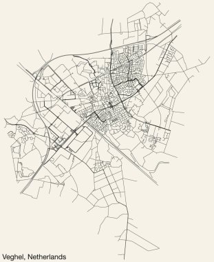 Hollanda 'nın VEGHEL, NETHERLANDS kentinin klasik arka plan üzerinde sağlam yol çizgileri ve isim etiketine sahip elle çizilmiş yol haritası
