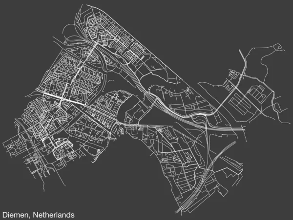 Hollanda 'nın Diemen kenti, NETHERLANDS' ın klasik arka plan üzerinde sağlam yol çizgileri ve isim etiketine sahip elle çizilmiş yol haritası