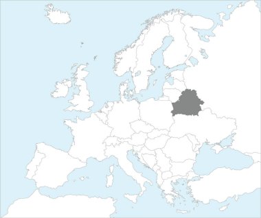 Gri CMYK ulusal BELARUS haritası Mollweide projeksiyonu kullanılarak mavi zemin üzerinde Avrupa kıtasının detaylı beyaz siyasi haritası