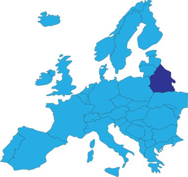 Koyu mavi CMYK BELARUS ulusal haritası içinde Peters projeksiyonu kullanılarak şeffaf arkaplan üzerinde Avrupa kıtasının basitleştirilmiş mavi boş siyasi haritası