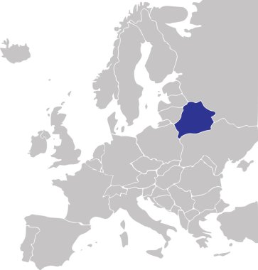 BELARUS 'un mavi CMYK ulusal haritası Mercator projeksiyonu kullanılarak şeffaf arkaplan üzerinde Avrupa kıtasının basitleştirilmiş gri boş siyasi haritası