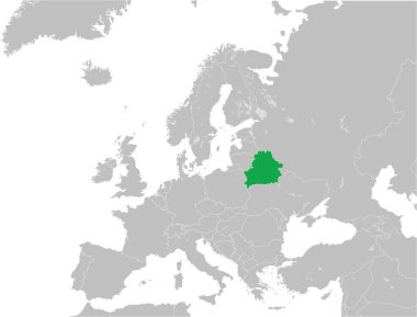 Yeşil CMYK BELARUS ulusal haritası Mercator projeksiyonu kullanılarak şeffaf arkaplanda göller bulunan Avrupa kıtasının ayrıntılı gri boş siyasi haritası