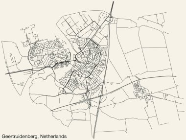 Hollanda 'nın GEERTRUIDENBERG kentinin elle çizilmiş yol haritası, sağlam yol çizgileri ve klasik arka planda isim etiketi bulunan NETHERLANDS