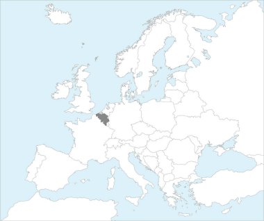 Mollweide projeksiyonu kullanılarak mavi zemin üzerinde Avrupa kıtasının detaylı beyaz siyasi haritası içindeki Gri CMYK ulusal BELGIUM haritası