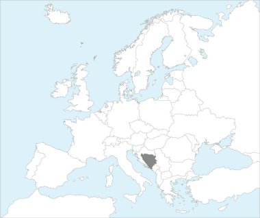 BOSNIA ve HERZEGOVINA 'nın gri CMYK ulusal haritası, Mollweide projeksiyonu kullanılarak mavi zemin üzerinde Avrupa kıtasının ayrıntılı beyaz siyasi haritası içerisindedir.