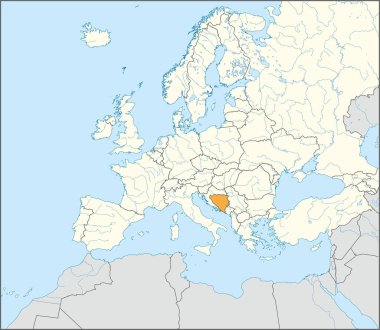 BOSNIA ve HERZEGOVINA 'nın turuncu CMYK ulusal haritası Mercator projeksiyonu kullanılarak mavi arka planda nehirler ve göller bulunan Avrupa kıtasının ayrıntılı bej rengi boş siyasi haritası