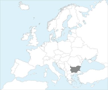 Mollweide projeksiyonu kullanılarak mavi zemin üzerinde Avrupa kıtasının detaylı beyaz siyasi haritası içindeki BulLGARIA 'nın gri CMYK ulusal haritası