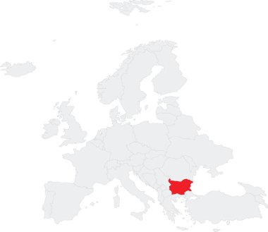 Kırmızı CMYK BulLGARIA ulusal haritası Avrupa kıtasının gri boş siyasi haritası içinde şeffaf arkaplan üzerinde Robinson projeksiyonunu kullanarak