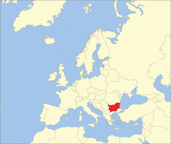 Красный CMYK национальная карта Булгария внутри детализированного бежевого пустой политической карты европейского континента на синем фоне с помощью Mollweide проекции