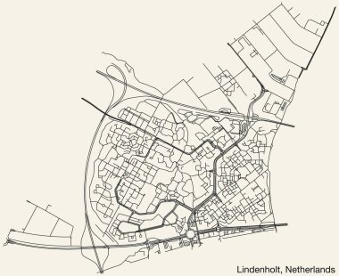 Hollanda 'nın LINDENHOLT kentinin elle çizilmiş yol haritası, NETHERLANDS sağlam yol çizgileri ve klasik arka planda isim etiketi