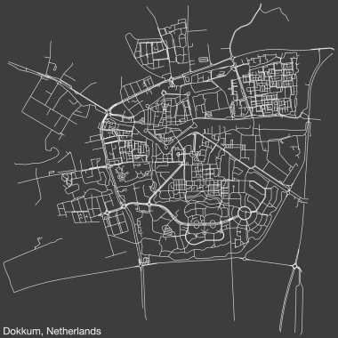 Hollanda 'nın DOKKKUM, NETHERLANDS kentinin klasik arka plan üzerinde sağlam yol çizgileri ve isim etiketine sahip elle çizilmiş yol haritası