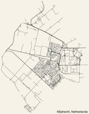 Hollanda 'nın MIJDRECHT, NETHERLANDS kentinin klasik arka plan üzerinde sağlam yol çizgileri ve isim etiketine sahip elle çizilmiş yol haritası