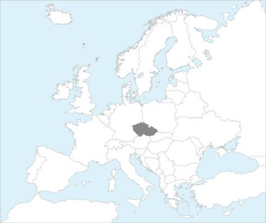 Mollweide projeksiyonu kullanılarak mavi zemin üzerinde Avrupa kıtasının detaylı beyaz siyasi haritası içindeki Gri CMYK ulusal haritası