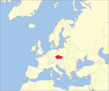 Kırmızı CMYK ulusal CZECHIA haritası Mollweide projeksiyonu kullanılarak mavi zemin üzerinde Avrupa kıtasının ayrıntılı bej boş siyasi haritası