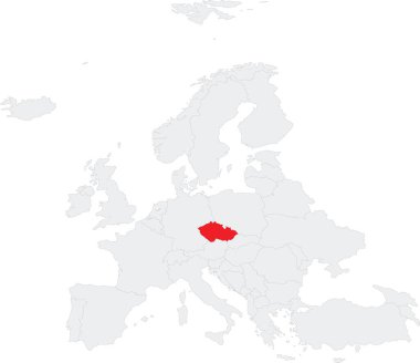 Kırmızı CMYK CZECHIA ulusal haritası, Robinson projeksiyonu kullanılarak saydam arkaplan üzerinde Avrupa kıtasının gri boş siyasi haritası içinde