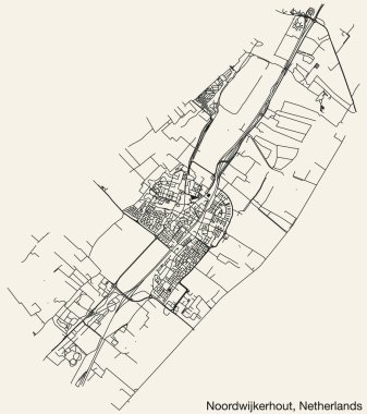Hollanda 'nın NOORDWIJKERHout kentinin elle çizilmiş yol haritası, sağlam yol çizgileri ve klasik arka planda isim etiketi bulunan NETHERLANDS