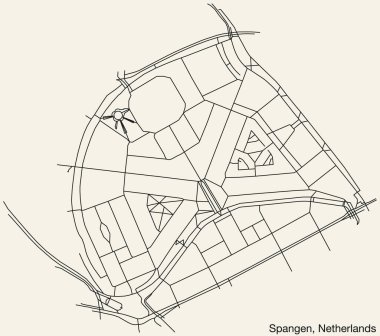 Hollanda 'nın SPANGEN, NETHERLANDS kentinin klasik arka plan üzerinde sağlam yol çizgileri ve isim etiketine sahip elle çizilmiş yol haritası