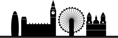 LONDON 'un siyah şehir manzarası gökyüzü manzarası, çeşitli şehir mimari sembolleri ve binaları içeren Birleşik KINGDOM