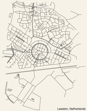 Hollanda 'nın LEESTEN, NETHERLANDS kentinin klasik arka planında sağlam yol çizgileri ve isim etiketine sahip elle çizilmiş yol haritası