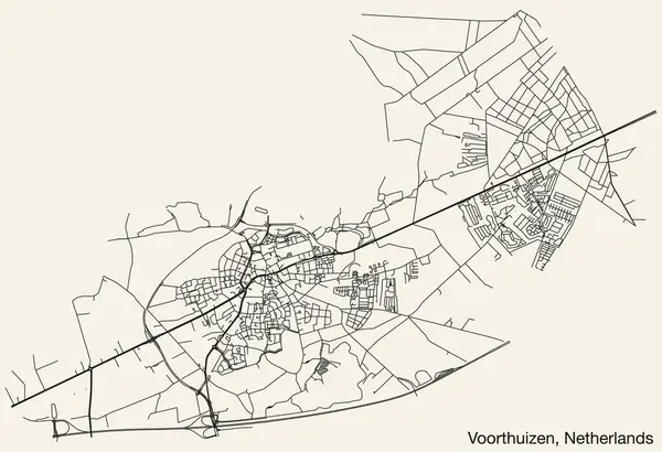 Hollanda 'nın VOORTHUIZEN kentinin elle çizilmiş yol haritası, sağlam yol çizgileri ve klasik arka planda isim etiketi olan NETHERLANDS